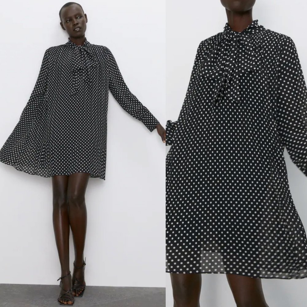 Zara Polka Dot Pleated Babydoll Dress Size S